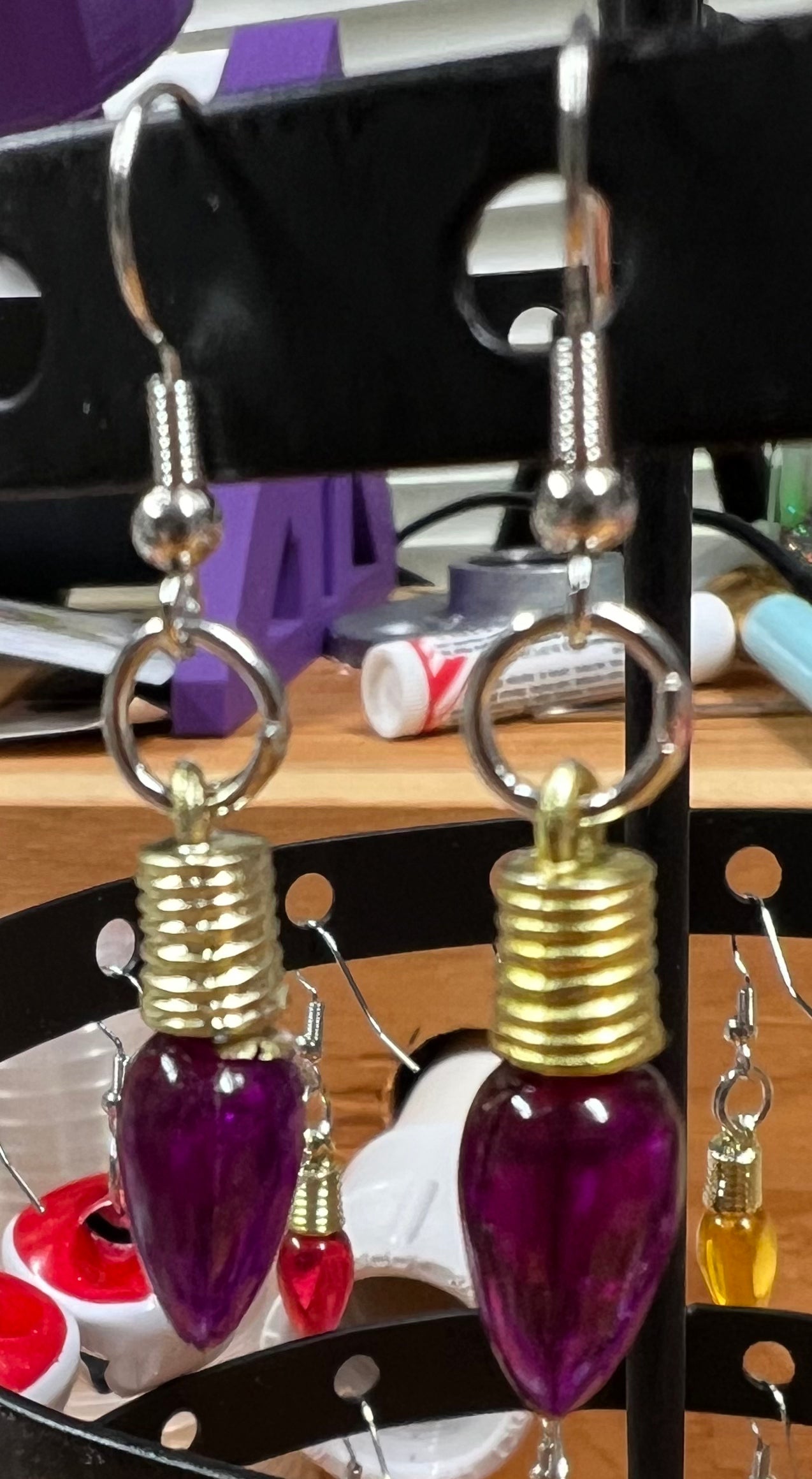 Purple Small Christmas light bulb earrings